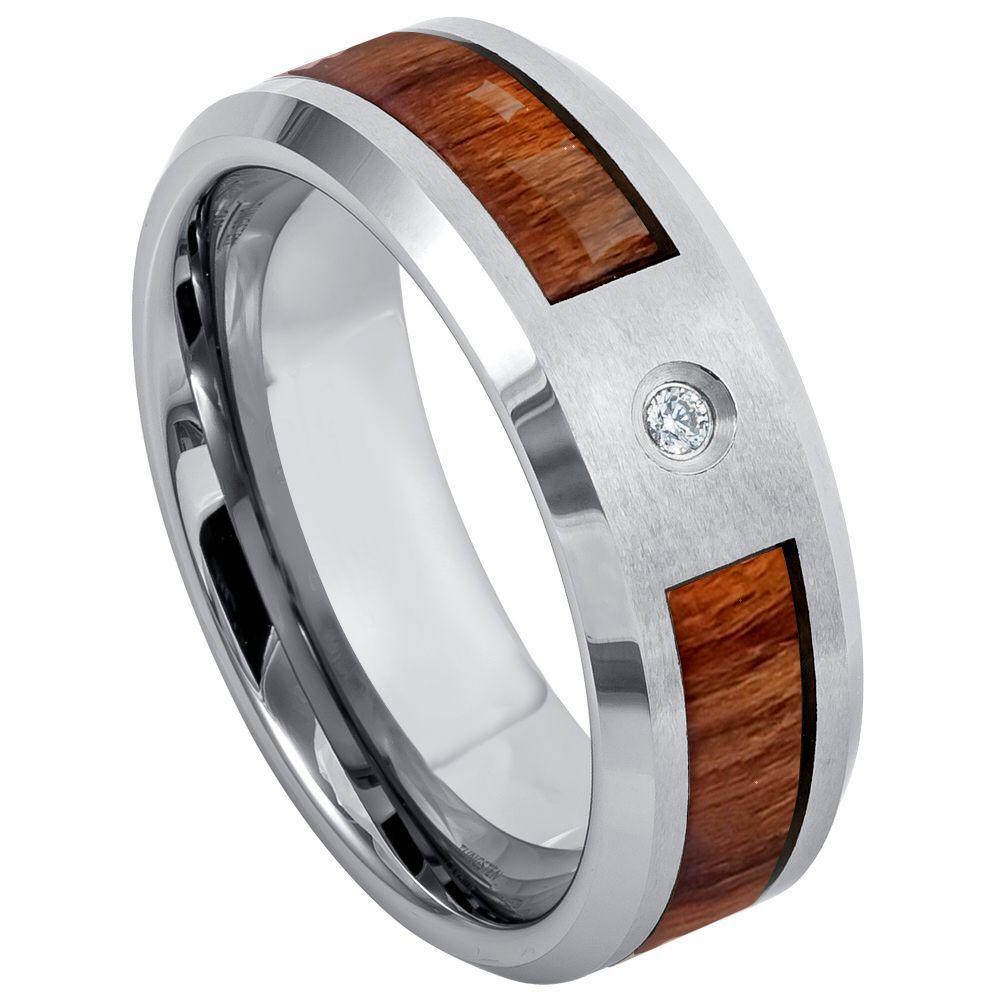 Brushed Finish with Koa Wood Inlay & approx. 2.3mm White Diamond Center Stone - Le Vive Jewelry in Riverside