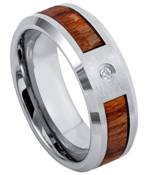 Brushed Finish with Koa Wood Inlay & approx. 2.3mm White Diamond Center Stone - Le Vive Jewelry in Riverside