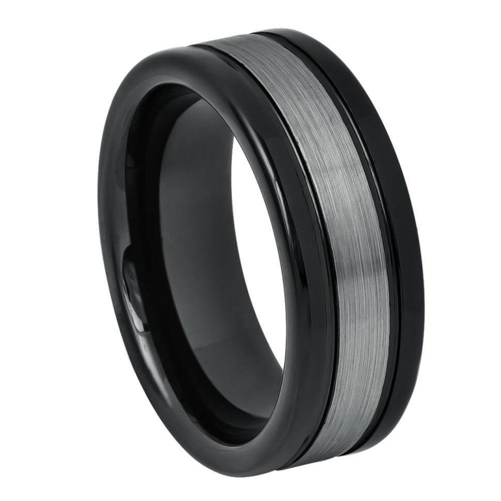 High Polished Shiny Black IP Plated Sides & Dark Gray Brushed Center - 8mm - Le Vive Jewelry in Riverside