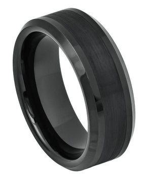 Black IP Plated Brushed Center Shiny Lines on each side Beveled Edge - 8mm - Le Vive Jewelry in Riverside