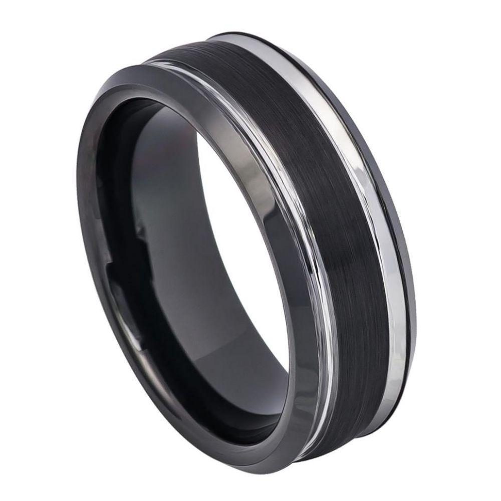 Two-tone Black I Brushed Center & Steel Color Stepped Edge - 8mm - Le Vive Jewelry in Riverside