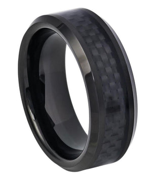 Black IP Plated with Black Carbon Fiber Inlay Beveled Edge - 8mm - Le Vive Jewelry in Riverside