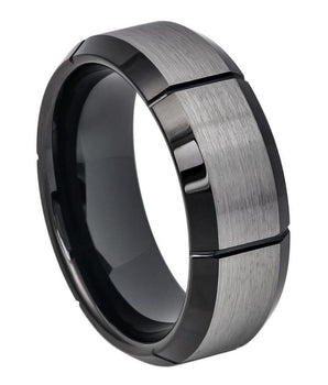 Two-tone Brushed Center with Multiple Vertical Grooves & Black IP Beveled Edge - 8mm - Le Vive Jewelry in Riverside