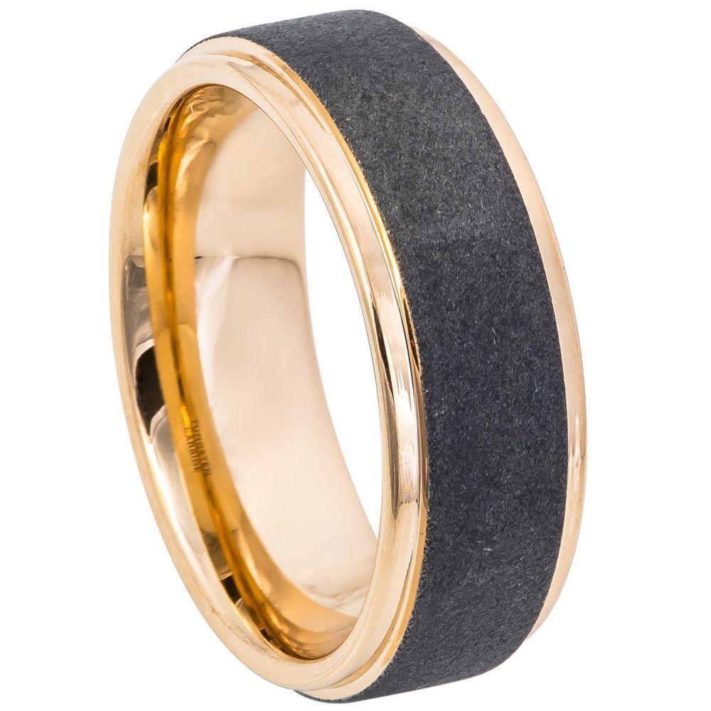Sandblasted Finish Center Stepped Edge Rose Gold IP Plated - 8mm - Le Vive Jewelry in Riverside