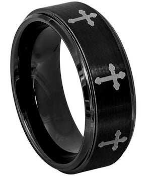 Cross Laser Engraved Brushed Center with High Polish Stepped Edge - 8mm - Le Vive Jewelry in Riverside