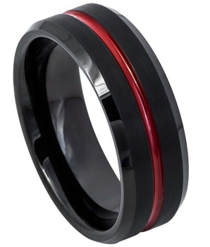 Brushed Black IP Plated Ring with Red IP Plated Grooved Center - 8mm - Le Vive Jewelry in Riverside