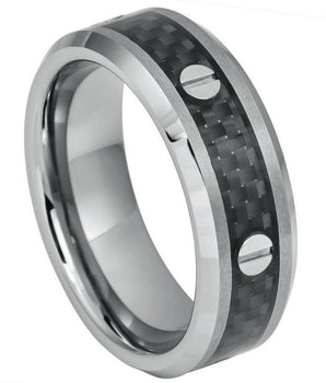 Screw Accents over Black Carbon Fiber Inlay High Polished Beveled Edge - 8mm - Le Vive Jewelry in Riverside