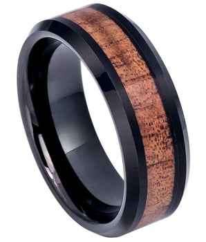 Black IP Plated Beveled Edge with Hawaiian Koa Wood Inlay - 8mm - Le Vive Jewelry in Riverside