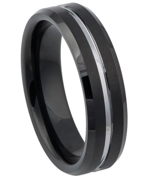 Black IP Brushed with Steel Color Grooved Center Beveled Edge 6mm - Le Vive Jewelry in Riverside
