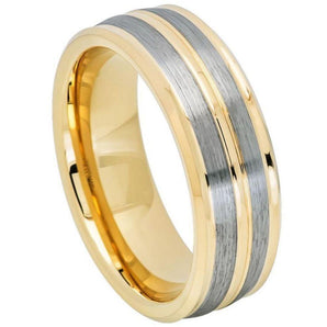 Yellow Gold IP Plated Pinstripe & Gun Metal Finish Low Beveled Edge - 8mm - Le Vive Jewelry in Riverside