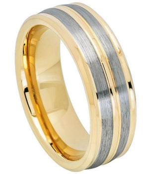 Yellow Gold IP Plated Pinstripe & Gun Metal Finish Low Beveled Edge - 8mm - Le Vive Jewelry in Riverside