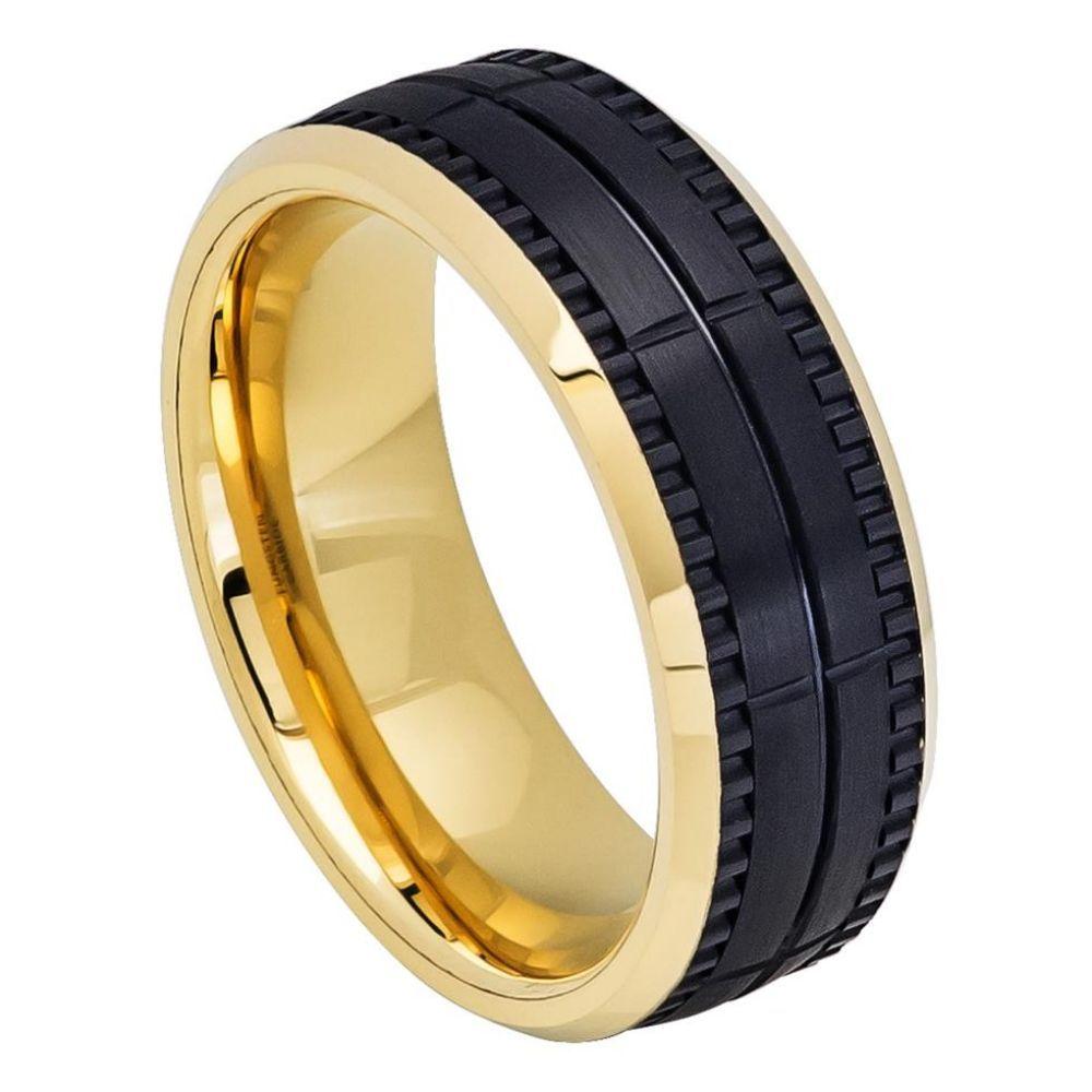 Two-tone Yellow IP Inside & Black IP Outside Brushed Grooved Ring - 8mm - Le Vive Jewelry in Riverside
