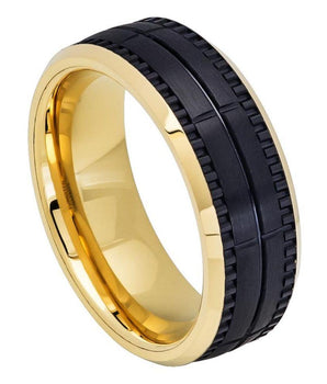 Two-tone Yellow IP Inside & Black IP Outside Brushed Grooved Ring - 8mm - Le Vive Jewelry in Riverside