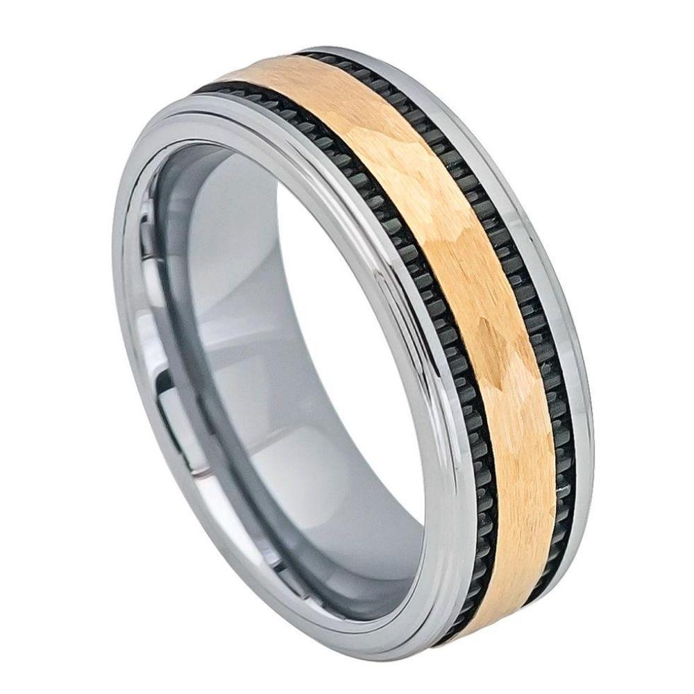 Yellow Gold IP Hammered Center with Black IP Plated Stripes on the side - 8mm - Le Vive Jewelry in Riverside