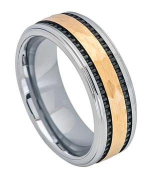 Yellow Gold IP Hammered Center with Black IP Plated Stripes on the side - 8mm - Le Vive Jewelry in Riverside