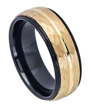 Two-tone Black IP Inside & Yellow Gold IP Hammered Finish with Center Groove Stepped Edge - 8mm - Le Vive Jewelry in Riverside