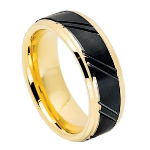 Yellow Gold IP Plated & Stepped Edge with Black IP Grooved Center Brushed Finish - 8mm - Le Vive Jewelry in Riverside