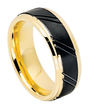 Yellow Gold IP Plated & Stepped Edge with Black IP Grooved Center Brushed Finish - 8mm - Le Vive Jewelry in Riverside