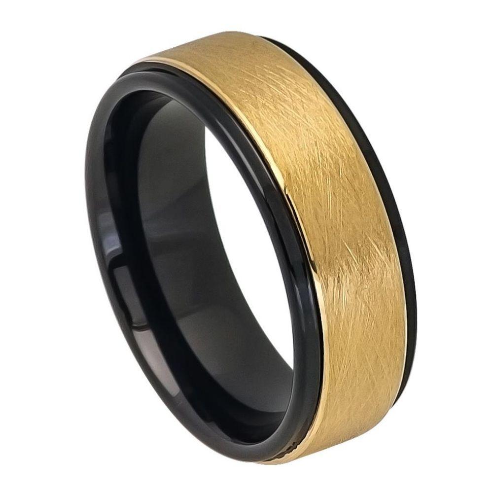 Two-tone Black IP Inside & Yellow Gold IP Ice Finish Center Stepped Edge - 8mm - Le Vive Jewelry in Riverside