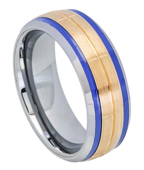 Rose Gold IP Plated Brushed Grooved Center Beveled Edge with Indigo Stripes on both sides - 8mm - Le Vive Jewelry in Riverside