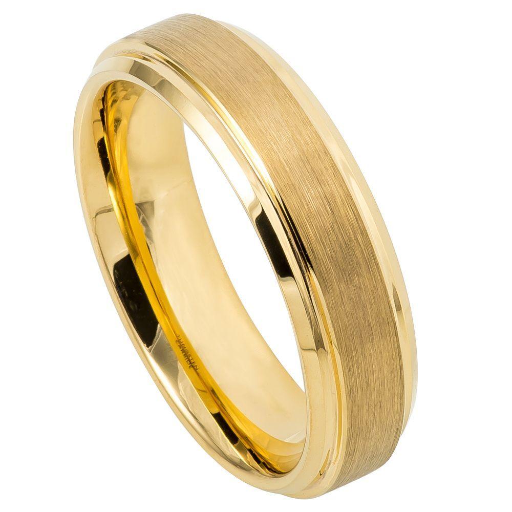 Yellow Gold IP Plated Flat Brushed Center with High Polish Stepped Edge - 6mm - Le Vive Jewelry in Riverside
