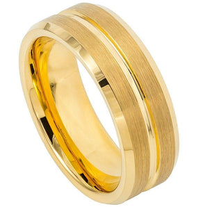 Yellow Gold IP Plated Grooved Center Brushed Beveled Edge - 8mm - Le Vive Jewelry in Riverside