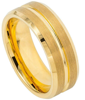 Yellow Gold IP Plated Grooved Center Brushed Beveled Edge - 8mm - Le Vive Jewelry in Riverside