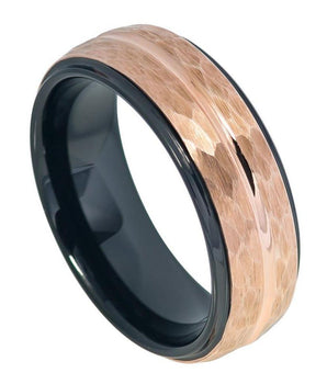 Two-tone Black IP Inside & Rose Gold IP Hammered Finish with Center Groove Stepped Edge - 8mm - Le Vive Jewelry in Riverside