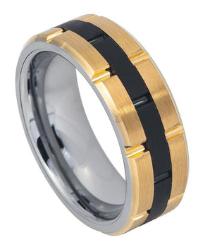 Two-tone Grooved Black IP Center and Grooved Yellow Gold IP Sides - 8mm - Le Vive Jewelry in Riverside