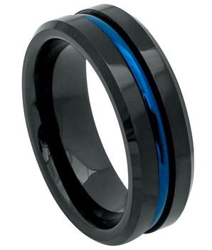 Black IP Plated Ring with Blue IP Plated Grooved Center - 8mm - Le Vive Jewelry in Riverside