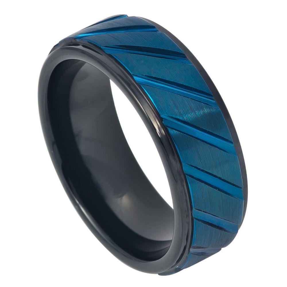 Blue IP Plated Diagonally Grooved Finish Center & Black IP Inner - 8mm - Le Vive Jewelry in Riverside