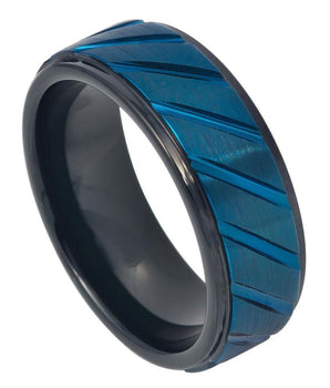 Blue IP Plated Diagonally Grooved Finish Center & Black IP Inner - 8mm - Le Vive Jewelry in Riverside