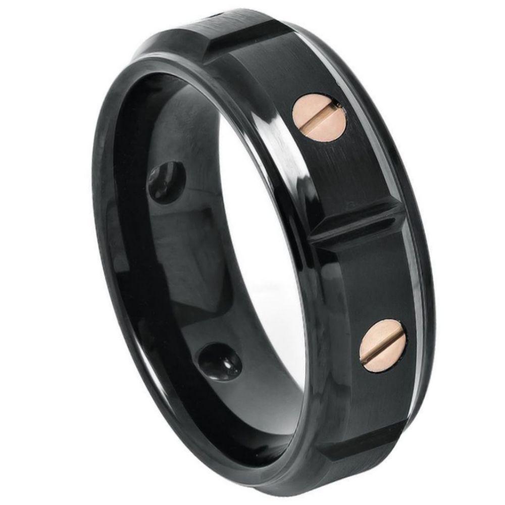 Rose Gold IP Plated Screw Accents on Black IP Plated Stepped Edge Ring - 8mm - Le Vive Jewelry in Riverside
