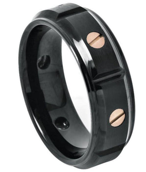 Rose Gold IP Plated Screw Accents on Black IP Plated Stepped Edge Ring - 8mm - Le Vive Jewelry in Riverside
