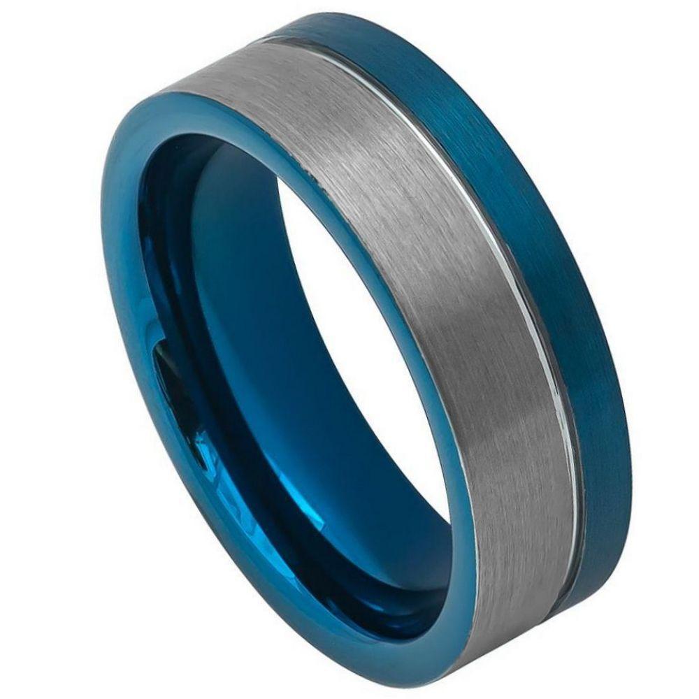 Off-Center Grooved Blue IP Plated Brushed Pipe Cut Ring - 8mm - Le Vive Jewelry in Riverside