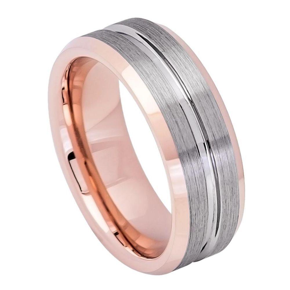 Rose Gold IP Plated Inside & Gun Metal Grooved Brushed Center - 8mm - Le Vive Jewelry in Riverside