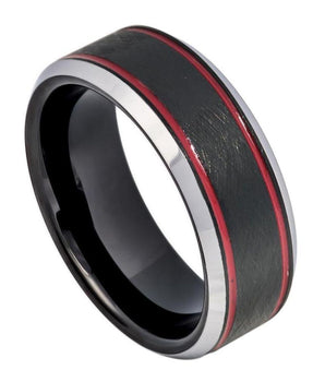Charcoal Gray IP Plated Ice Finish with 2 Red Stripes on 2 sides, Beveled Edge - 8mm - Le Vive Jewelry in Riverside