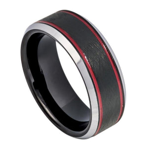 Charcoal Gray IP Plated Ice Finish with 2 Red Stripes on 2 sides, Beveled Edge - 8mm - Le Vive Jewelry in Riverside