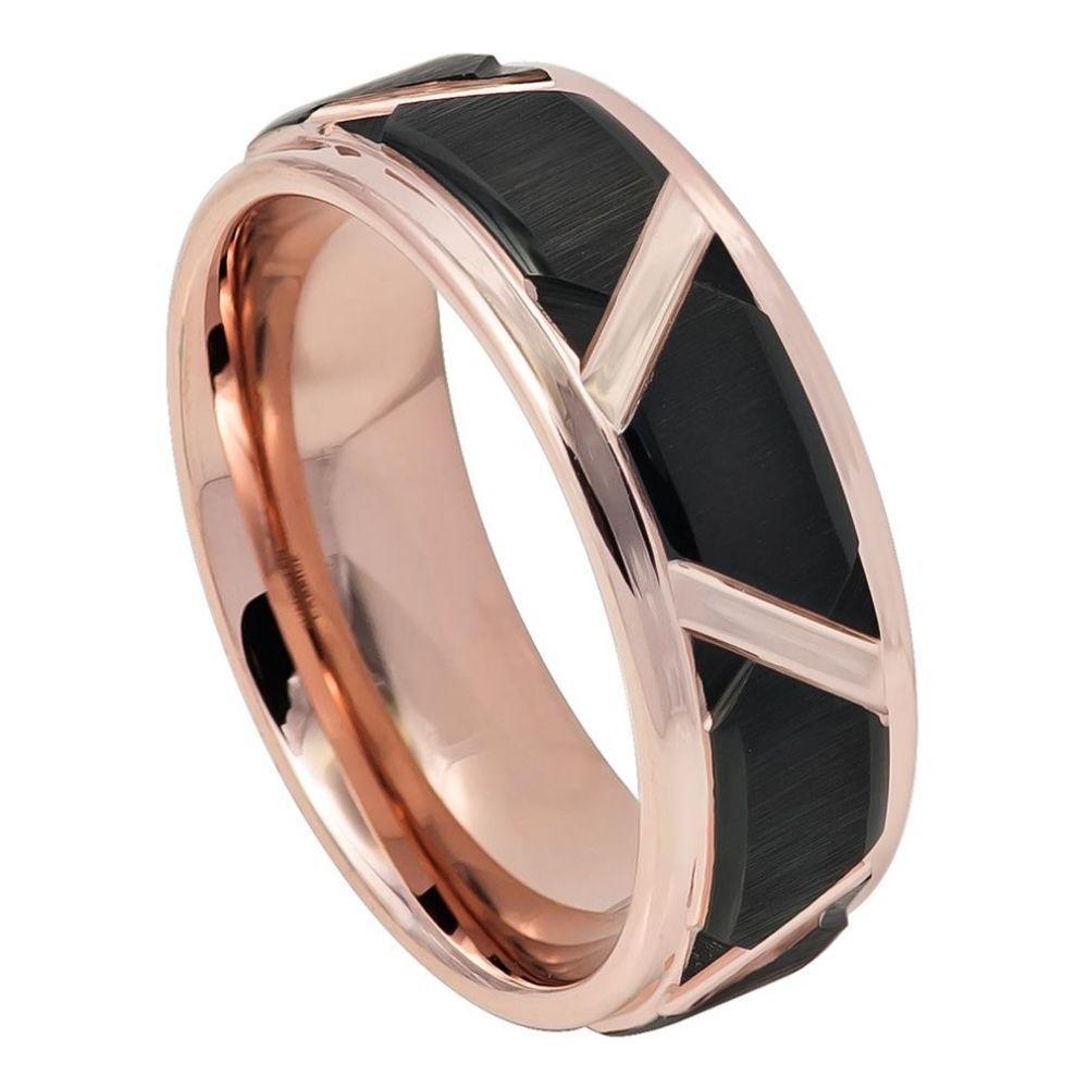 Black I Brushed Trapezoid Center High Polished Rose Gold IP Grooves & Stepped Edge - 8mm - Le Vive Jewelry in Riverside
