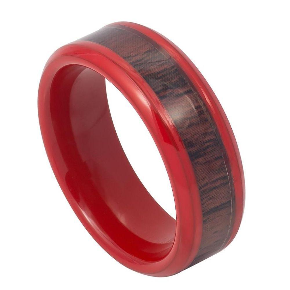 Red Enamel Plated High Polished Low Beveled Edge with Hawaiian Koa Inlay - 8mm - Le Vive Jewelry in Riverside