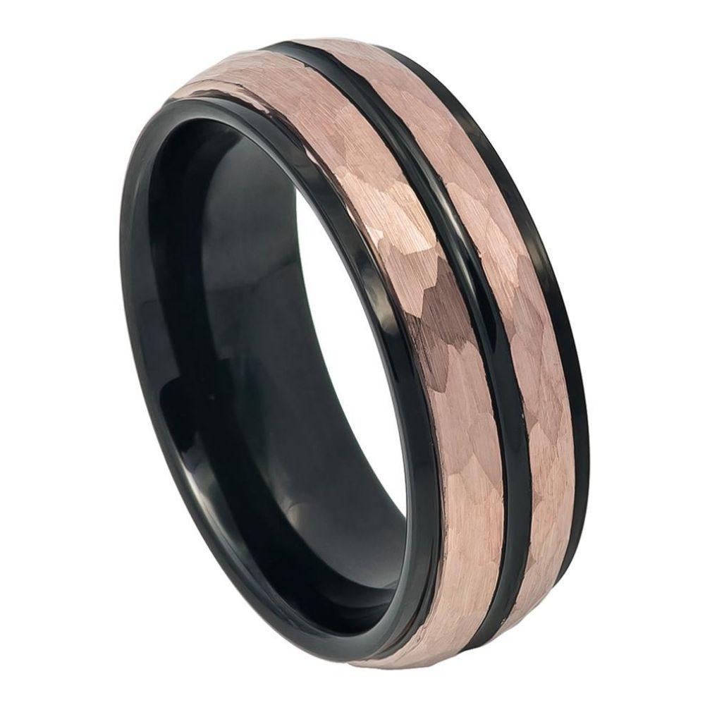 Two-tone Black IP Inside & Rose Gold IP Hammered Finish with Black IP Center Groove Stepped Edge - 8mm - Le Vive Jewelry in Riverside
