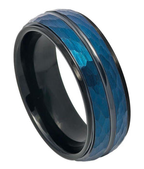 Two-tone Blue IP & Black IP Plated Hammered Finish High Polished Stepped/Beveled Edge - 8mm - Le Vive Jewelry in Riverside