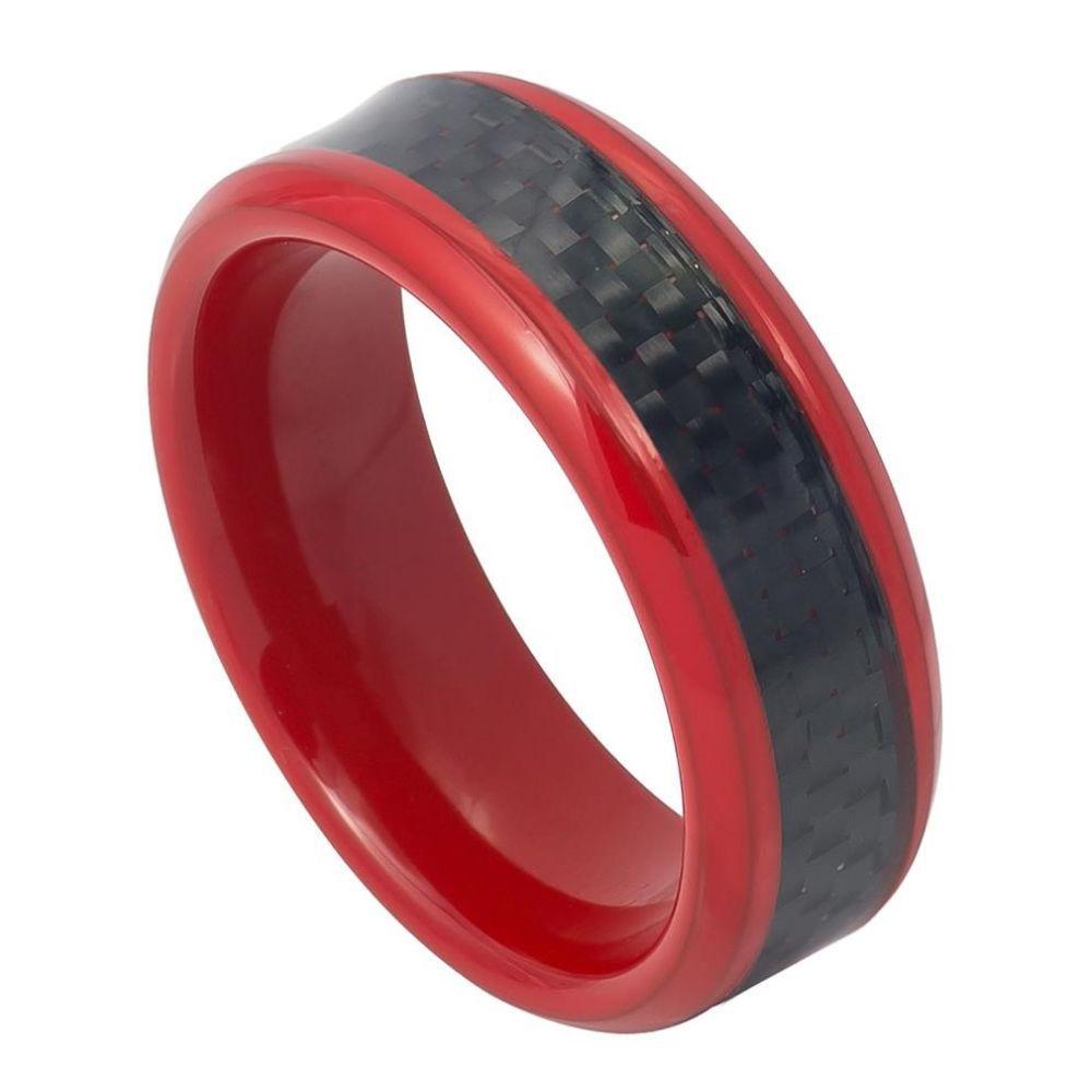Red Enamel Plated High Polished Pipe-cut with Black Carbon Fiber Inlay - 8mm - Le Vive Jewelry in Riverside