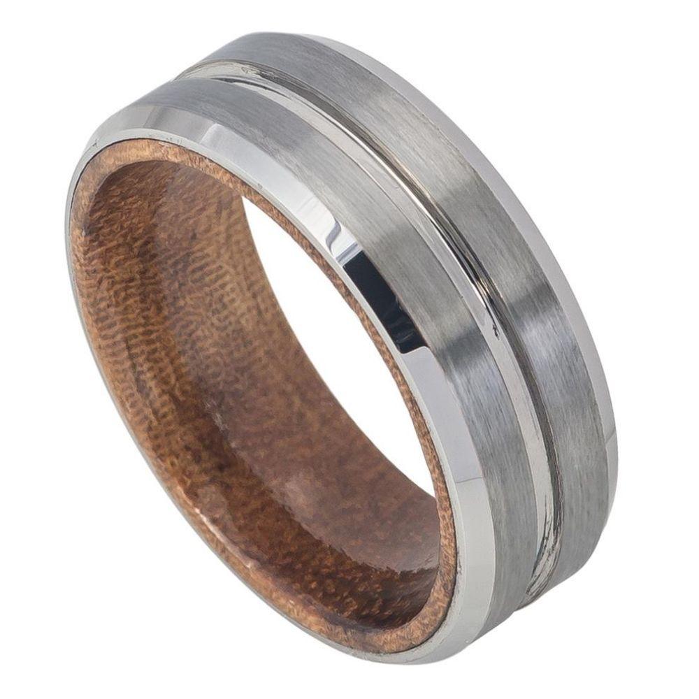 Grooved Center Brushed Finish Beveled Edge with & African Sapele Mahogany Wood Sleeve/Inner Ring - 8mm - Le Vive Jewelry in Riverside