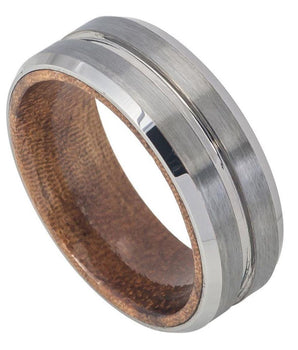Grooved Center Brushed Finish Beveled Edge with & African Sapele Mahogany Wood Sleeve/Inner Ring - 8mm - Le Vive Jewelry in Riverside