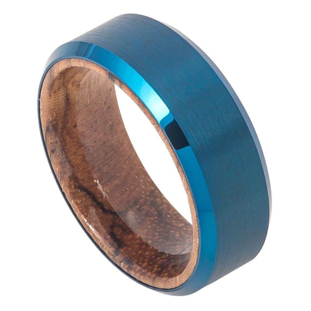 Blue IP Plated Brushed Finish Beveled Edge with African Sapele Mahogany Wood Sleeve/Inner Ring - 8mm - Le Vive Jewelry in Riverside
