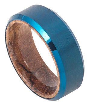Blue IP Plated Brushed Finish Beveled Edge with African Sapele Mahogany Wood Sleeve/Inner Ring - 8mm - Le Vive Jewelry in Riverside