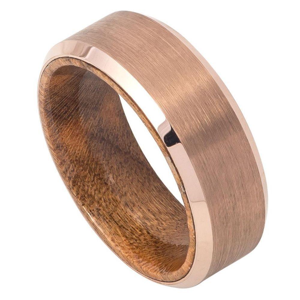 Rose Gold IP Plated Brushed Finish Beveled Edge with African Sapele Mahogany Wood Sleeve/Inner Ring - 8mm - Le Vive Jewelry in Riverside