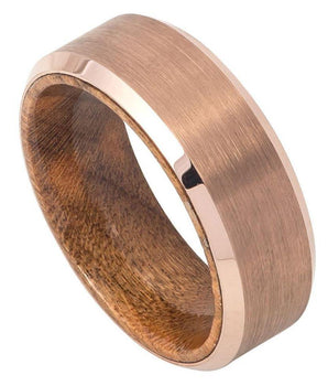 Rose Gold IP Plated Brushed Finish Beveled Edge with African Sapele Mahogany Wood Sleeve/Inner Ring - 8mm - Le Vive Jewelry in Riverside