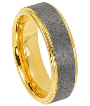 Sandblasted Finish Center Stepped Edge Yellow Gold IP Plated - 8mm - Le Vive Jewelry in Riverside